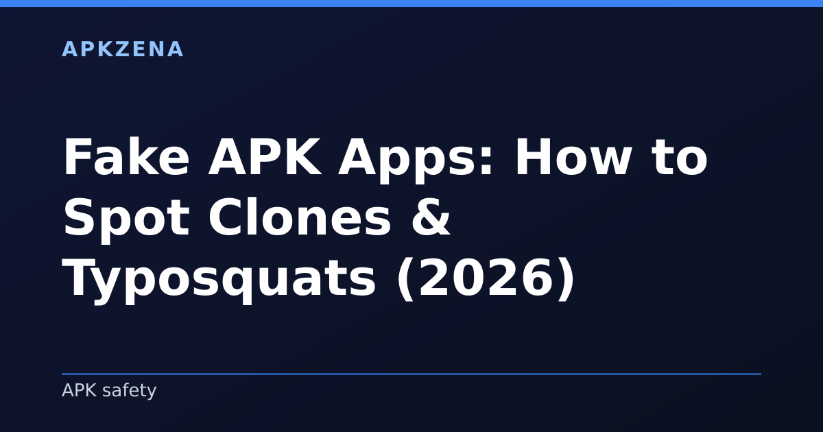 Illustration for the article “Fake APK Apps: How to Spot Clones & Typosquats (2026)”, Android guides on APK safety